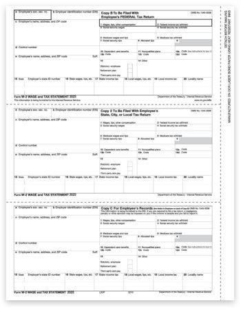 W2 Tax form 3up employee copies B-C-2 on a single, condensed, perforated sheet - zbpforms.com