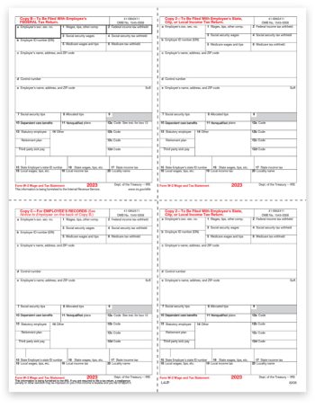 Employee W2 Tax Forms, 4up V1 Quadrant Format, Copy B-C-2-2 for Federal, State, City and File, W-2 Forms for 2023 - ZBPforms.com