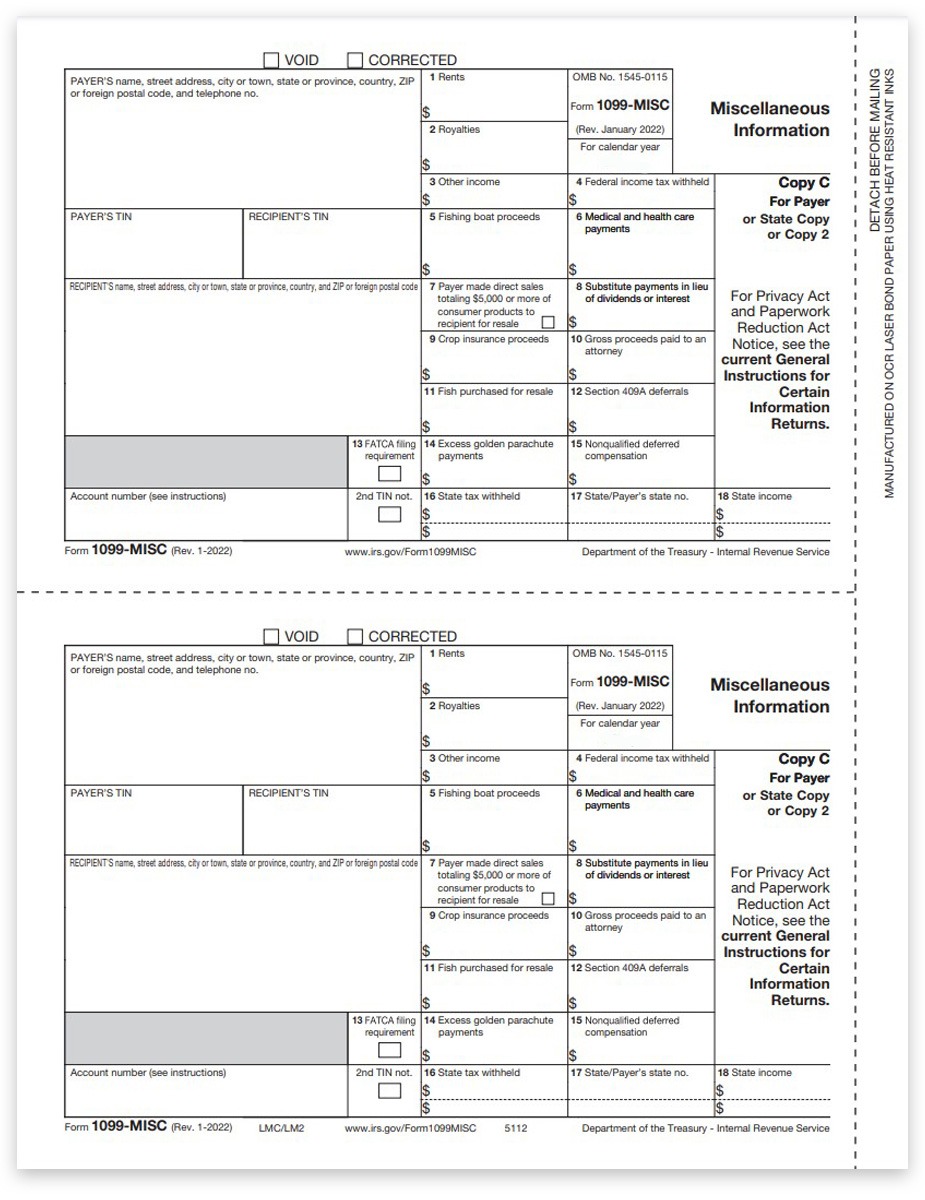 Form 1099MISC for Miscellaneous Income Reporting. Official Payer State Copy C-2 1099-MISC Forms - ZBPforms.com