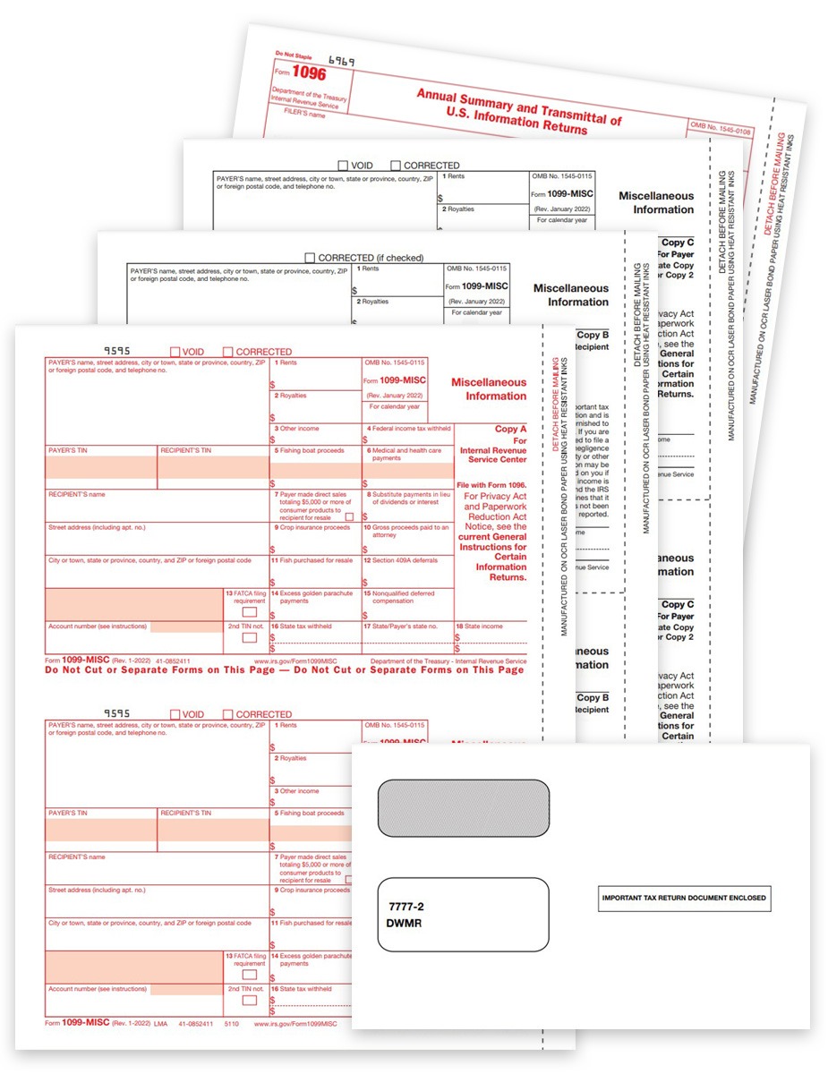 1099MISC Tax Forms and Envelopes Sets with Payer and Recipient Copies. New Efile Rules - zbpforms.com