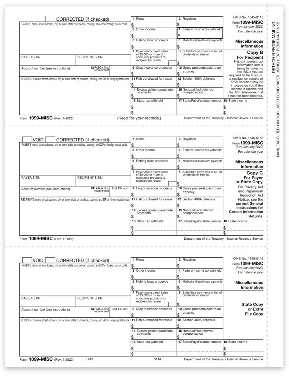 Form 1099MISC for Miscellaneous Income Reporting. 3up Payer & Recipient 1099-MISC Forms - ZBPforms.com