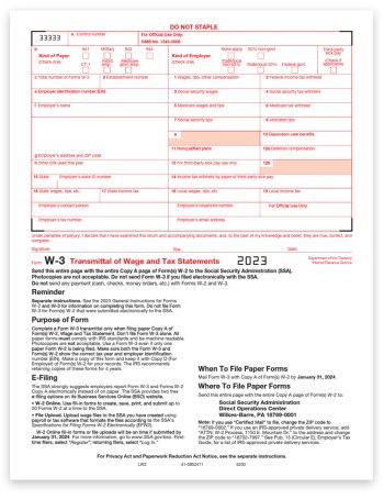 W3 Transmittal Forms for 2023. Use to Summarize a Batch of W2 Copy A Forms from an Employer. Do NOT buy if you are required to efile in 2023 per the new requirement changes - ZBPforms.com