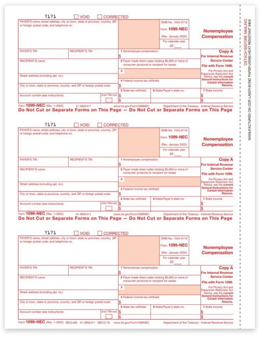 Form 1099NEC Copy A for 2022, Payer Federal IRS Red 1099NEC Tax Form - ZBPforms.com