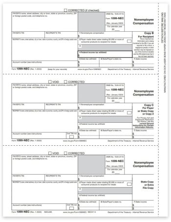 Form 1099NEC for 2022, 3up Copy B, C, 2 for Recipient and Payer - ZBPforms.com