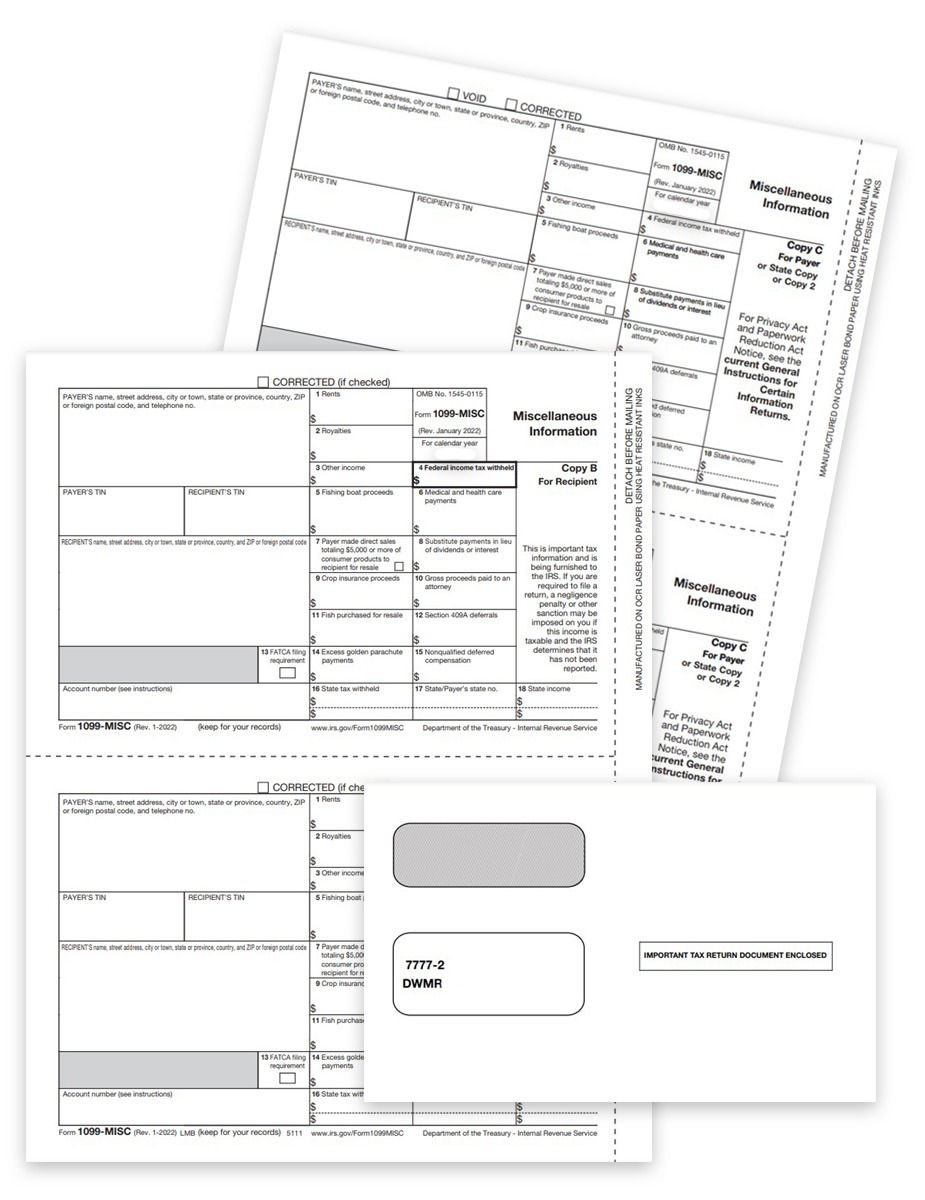 1099MISC Forms Set with Envelopes for Recipient and Payer State Copies for Businesses that Efile, Copy A is not included - ZBPforms.com