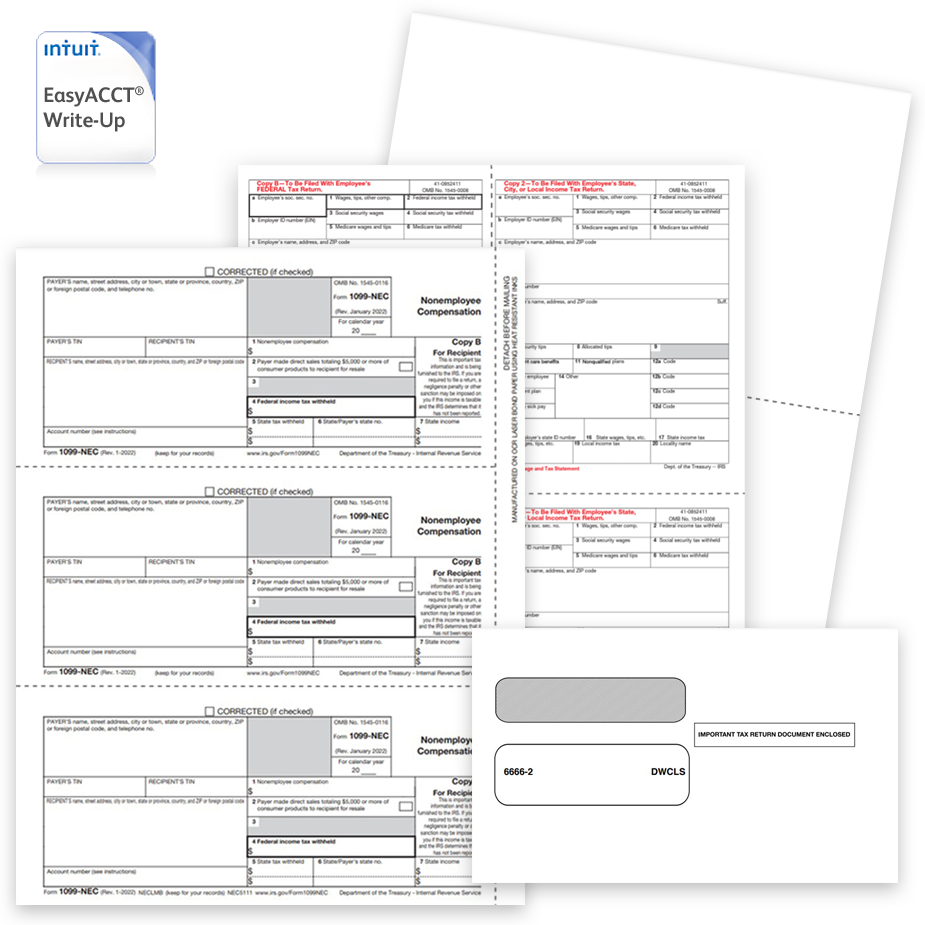EasyACCT software compatible 1099 & W2 tax forms and envelopes, guaranteed compatible official forms and blank perforated paper - zbpforms.com